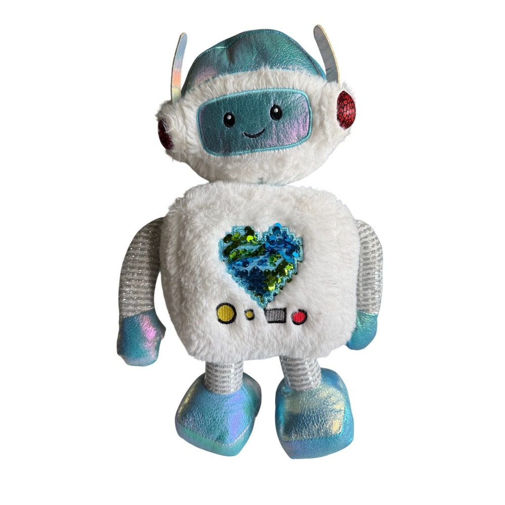 Walmart Blue Robot Plush 13" Iridescent Sequin Heart White Faux Fur Space